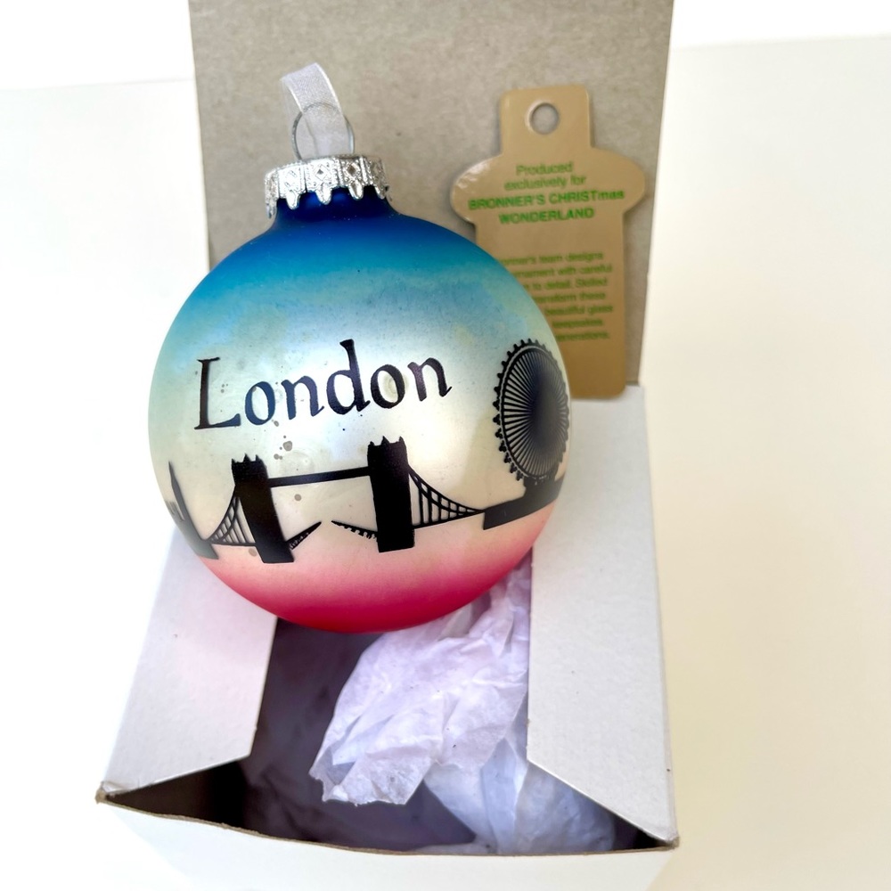 London Skyline Blown Glass Ornament Ball Christmas Tree Xmas Gift England
